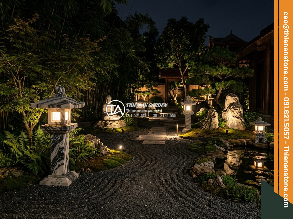 Hướng dẫn lắp đặt hệ thống đèn chiếu sáng cho tiểu cảnh thiền ban đêm - Professional night view of a complete zen garden lighting setup featuring multip