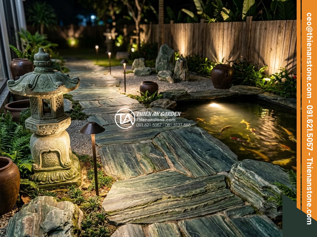Hướng dẫn lắp đặt hệ thống đèn chiếu sáng cho tiểu cảnh thiền ban đêm - Night time zen garden scene showing optimal placement of low level path lights a