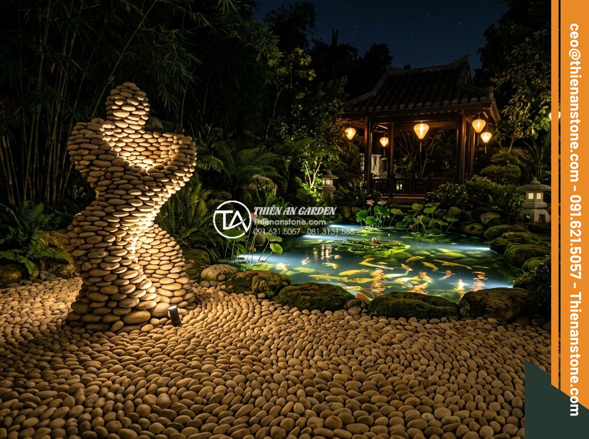 Hướng dẫn lắp đặt hệ thống đèn chiếu sáng cho tiểu cảnh thiền ban đêm - Artistic night photograph of zen garden featuring beautifully lit natural stone 