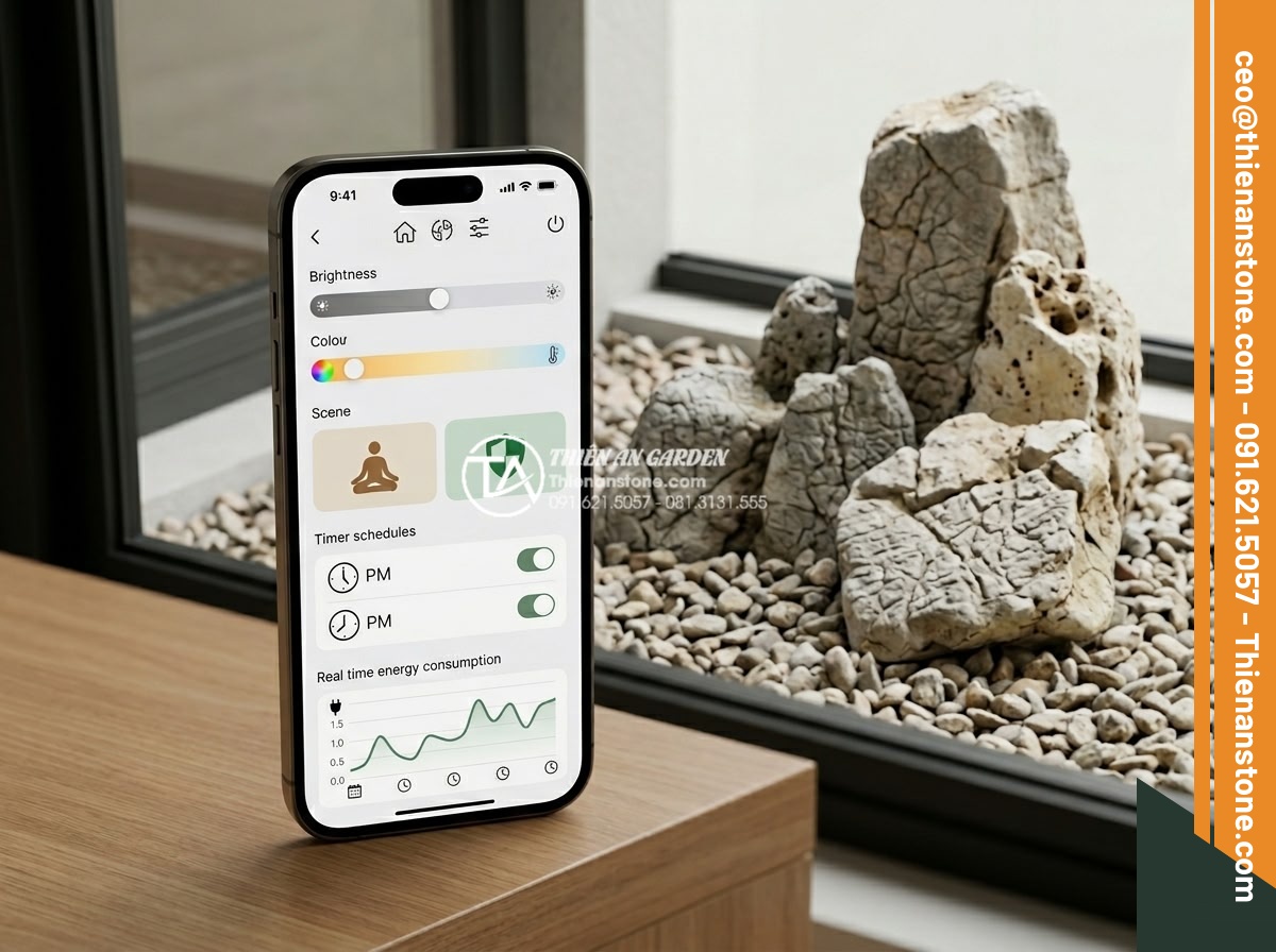 Hướng dẫn lắp đặt hệ thống đèn chiếu sáng cho tiểu cảnh thiền ban đêm - Modern smart home interface screenshot showing mobile app controlling zen garden