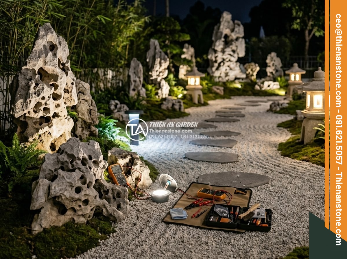 Hướng dẫn lắp đặt hệ thống đèn chiếu sáng cho tiểu cảnh thiền ban đêm - Technician performing routine maintenance on zen garden lighting system at night
