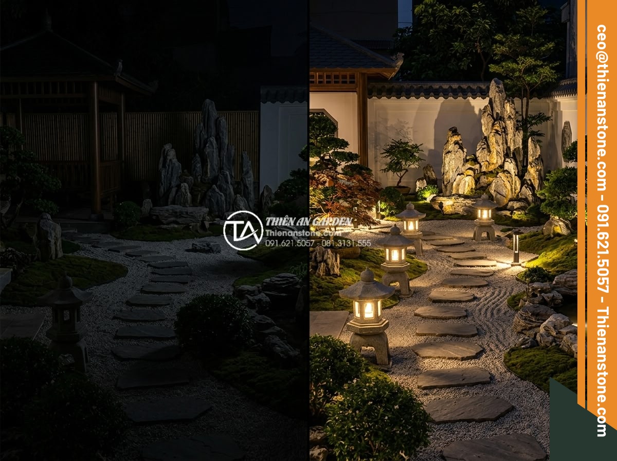 Hướng dẫn lắp đặt hệ thống đèn chiếu sáng cho tiểu cảnh thiền ban đêm - Before and after comparison of a zen garden lighting installation project showin