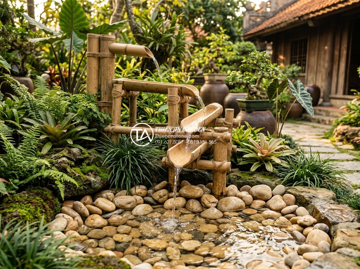 Hướng dẫn tự làm tiểu cảnh ống tre tại nhà (DIY) chỉ với 5 bước đơn giản - Hình 13 Hướng dẫn tự làm tiểu cảnh ống tre tại nhà (DIY) chỉ với 5 bước đơn giản - Final quality control inspection of a completed DIY bamboo pipe water feature sh