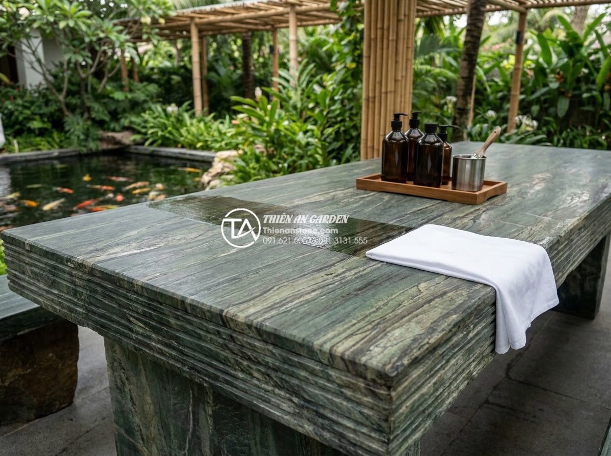 Hướng dẫn vệ sinh và bảo dưỡng bàn ghế đá hoa cương luôn sáng bóng như mới - Hình 13 Hướng dẫn vệ sinh và bảo dưỡng bàn ghế đá hoa cương luôn sáng bóng như mới - Professional action photograph of a stone care specialist from Thien An Stone ap
