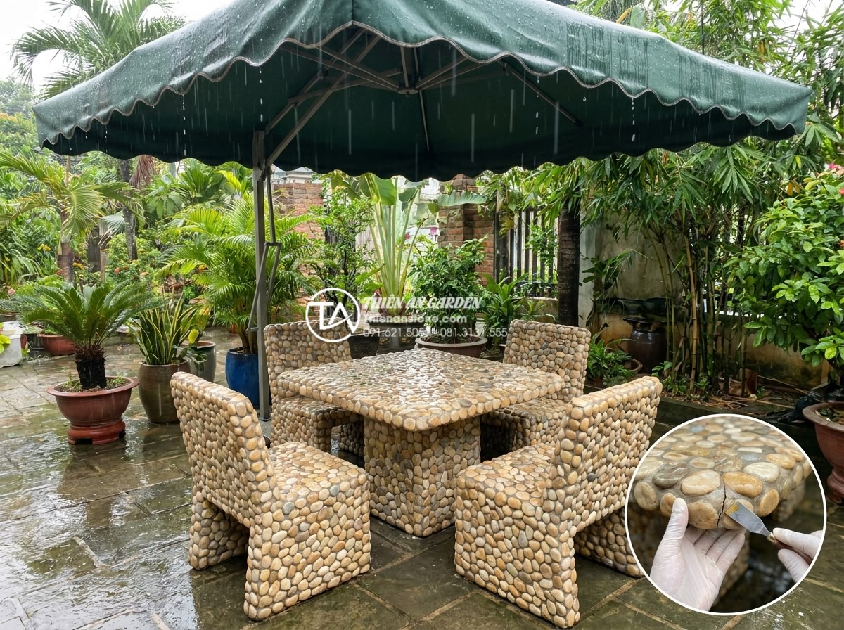 Hướng dẫn vệ sinh và bảo dưỡng bàn ghế đá hoa cương luôn sáng bóng như mới - Hình 15 Hướng dẫn vệ sinh và bảo dưỡng bàn ghế đá hoa cương luôn sáng bóng như mới - Practical outdoor scene photograph of a granite table and chairs set protected u