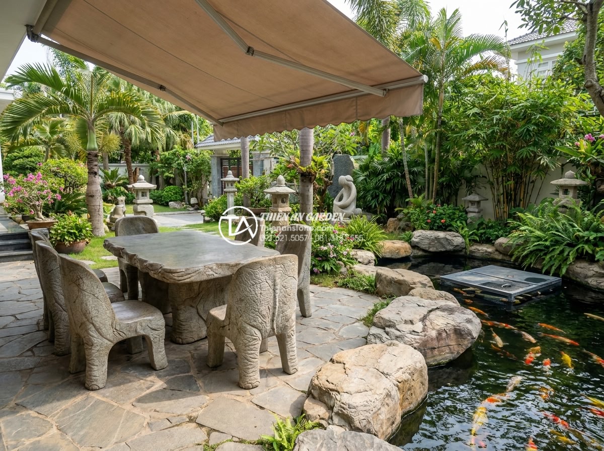 Hướng dẫn vệ sinh và bảo dưỡng bàn ghế đá hoa cương luôn sáng bóng như mới - Hình 16 Hướng dẫn vệ sinh và bảo dưỡng bàn ghế đá hoa cương luôn sáng bóng như mới - Wide scenic view of a beautifully maintained granite furniture set in a luxury v