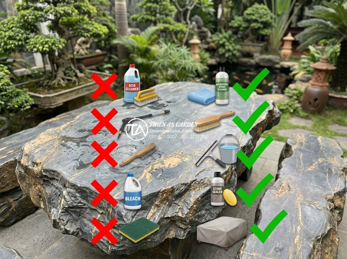 Hướng dẫn vệ sinh và bảo dưỡng bàn ghế đá hoa cương luôn sáng bóng như mới - Hình 18 Hướng dẫn vệ sinh và bảo dưỡng bàn ghế đá hoa cương luôn sáng bóng như mới - Clear infographic image listing the top 5 most common mistakes in granite outdoo