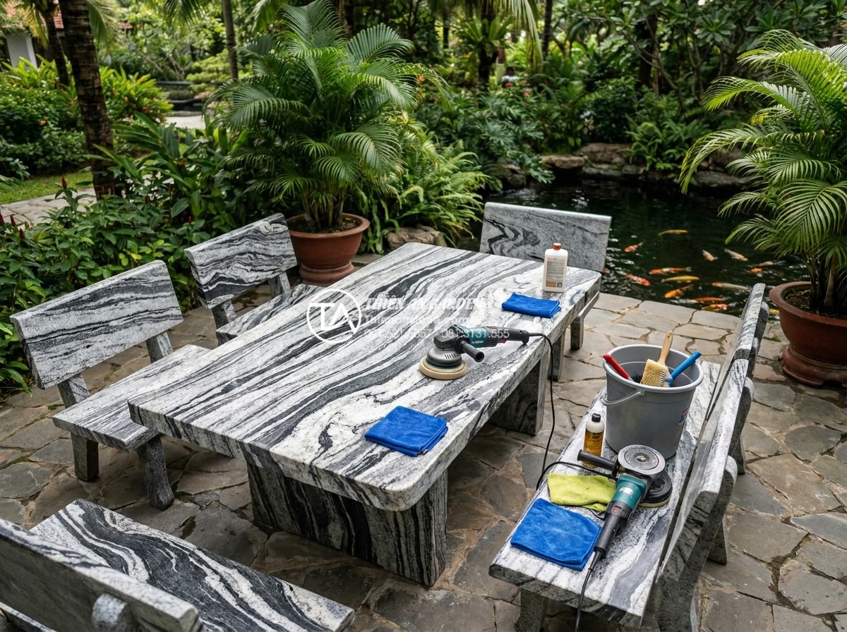 Hướng dẫn vệ sinh và bảo dưỡng bàn ghế đá hoa cương luôn sáng bóng như mới - Hình 19 Hướng dẫn vệ sinh và bảo dưỡng bàn ghế đá hoa cương luôn sáng bóng như mới - Professional team photograph of Đá Cảnh Thiên An technicians in uniform carefull