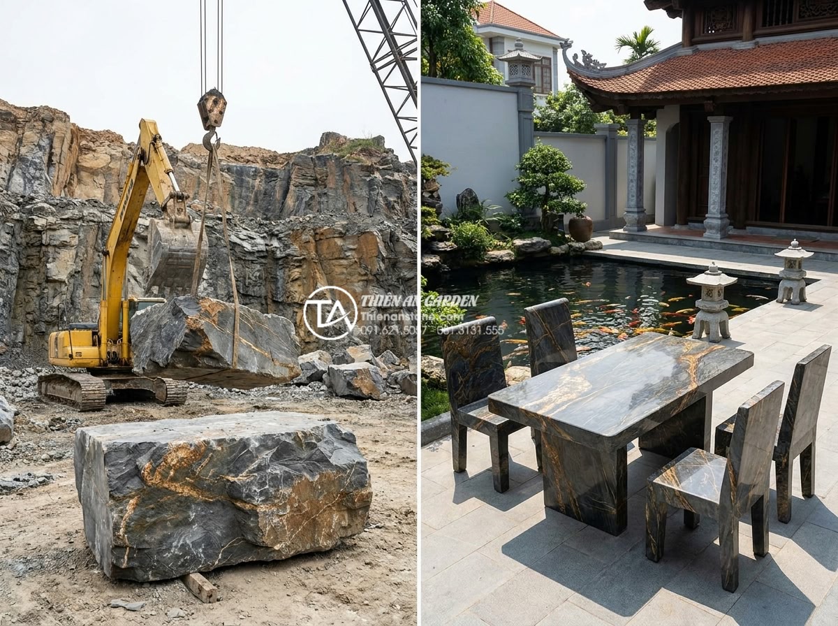 Hướng dẫn vệ sinh và bảo dưỡng bàn ghế đá hoa cương luôn sáng bóng như mới - Hình 4 Hướng dẫn vệ sinh và bảo dưỡng bàn ghế đá hoa cương luôn sáng bóng như mới - High-resolution image showing the complete journey of granite from raw quarry bl