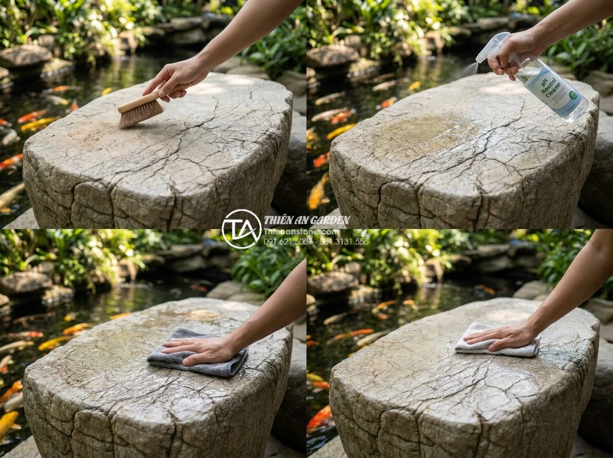 Hướng dẫn vệ sinh và bảo dưỡng bàn ghế đá hoa cương luôn sáng bóng như mới - Hình 9 Hướng dẫn vệ sinh và bảo dưỡng bàn ghế đá hoa cương luôn sáng bóng như mới - Step-by-step visual guide photograph showing a person in casual attire performin
