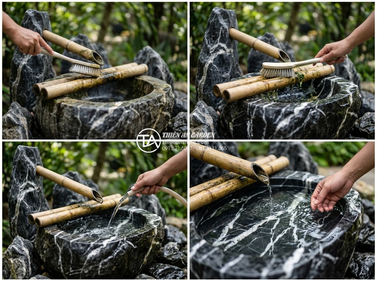 Hướng dẫn vệ sinh và bảo dưỡng tiểu cảnh suối tre định kỳ - Hình 5 Hướng dẫn vệ sinh và bảo dưỡng tiểu cảnh suối tre định kỳ - Step by step sequence showing a technician cleaning a bamboo water stream featur