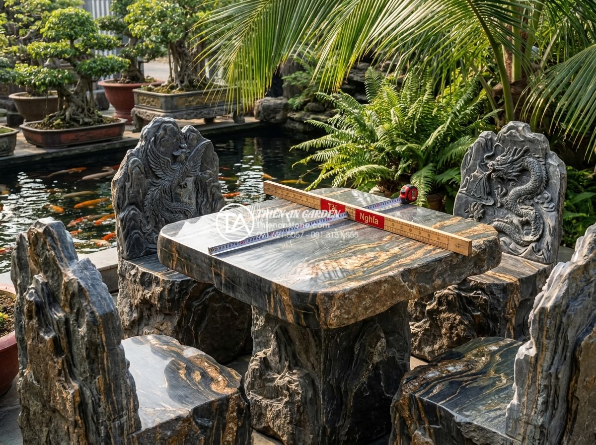 Kích thước tiêu chuẩn của bộ bàn ghế đá tự nhiên theo chuẩn lỗ ban - Hình 1 Kích thước tiêu chuẩn của bộ bàn ghế đá tự nhiên theo chuẩn lỗ ban - Professional high-resolution photograph of a traditional Vietnamese natural ston