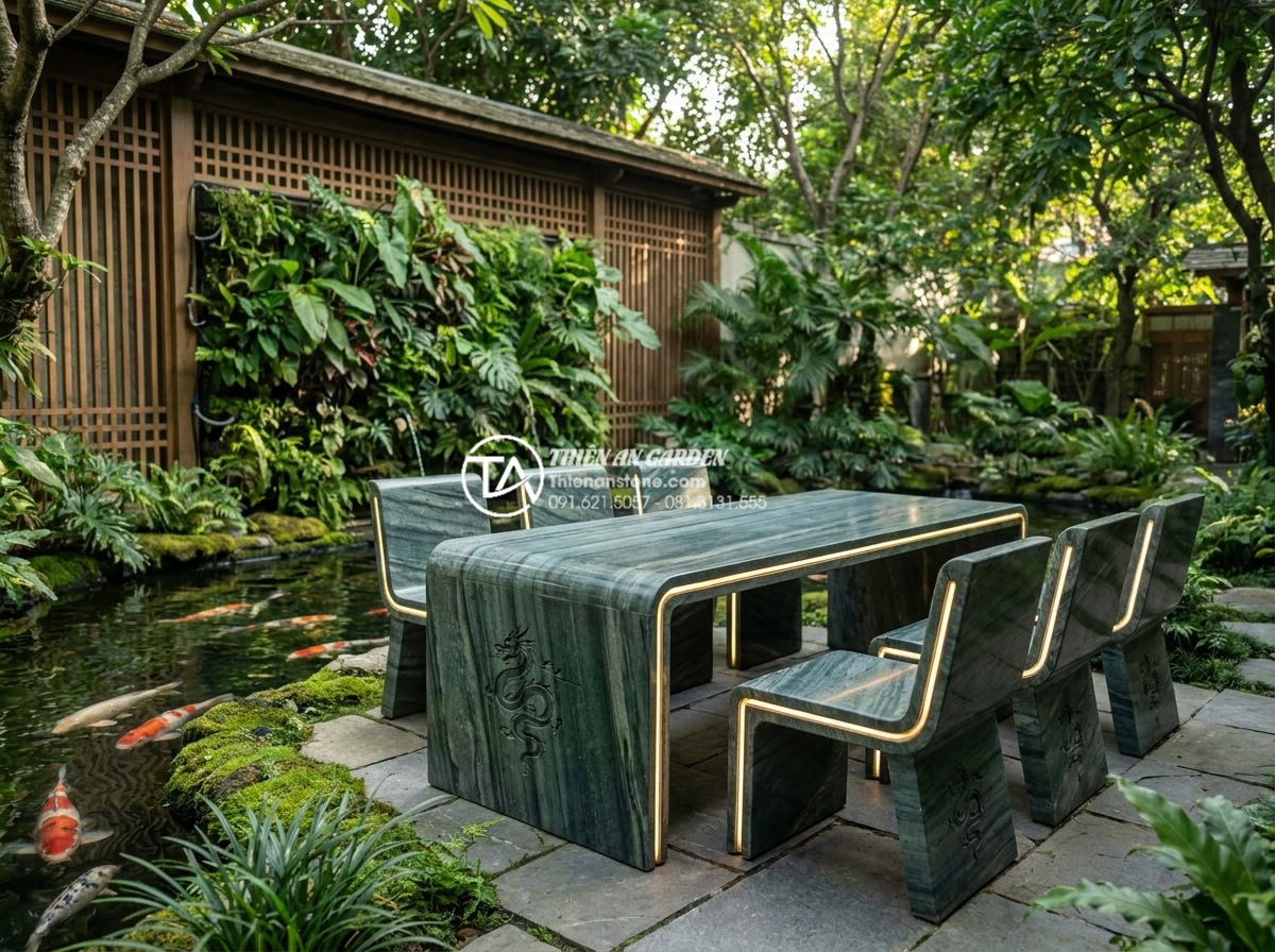 Kích thước tiêu chuẩn của bộ bàn ghế đá tự nhiên theo chuẩn lỗ ban - Hình 10 Kích thước tiêu chuẩn của bộ bàn ghế đá tự nhiên theo chuẩn lỗ ban - Futuristic yet traditional high-resolution render of modern Vietnamese resort ga