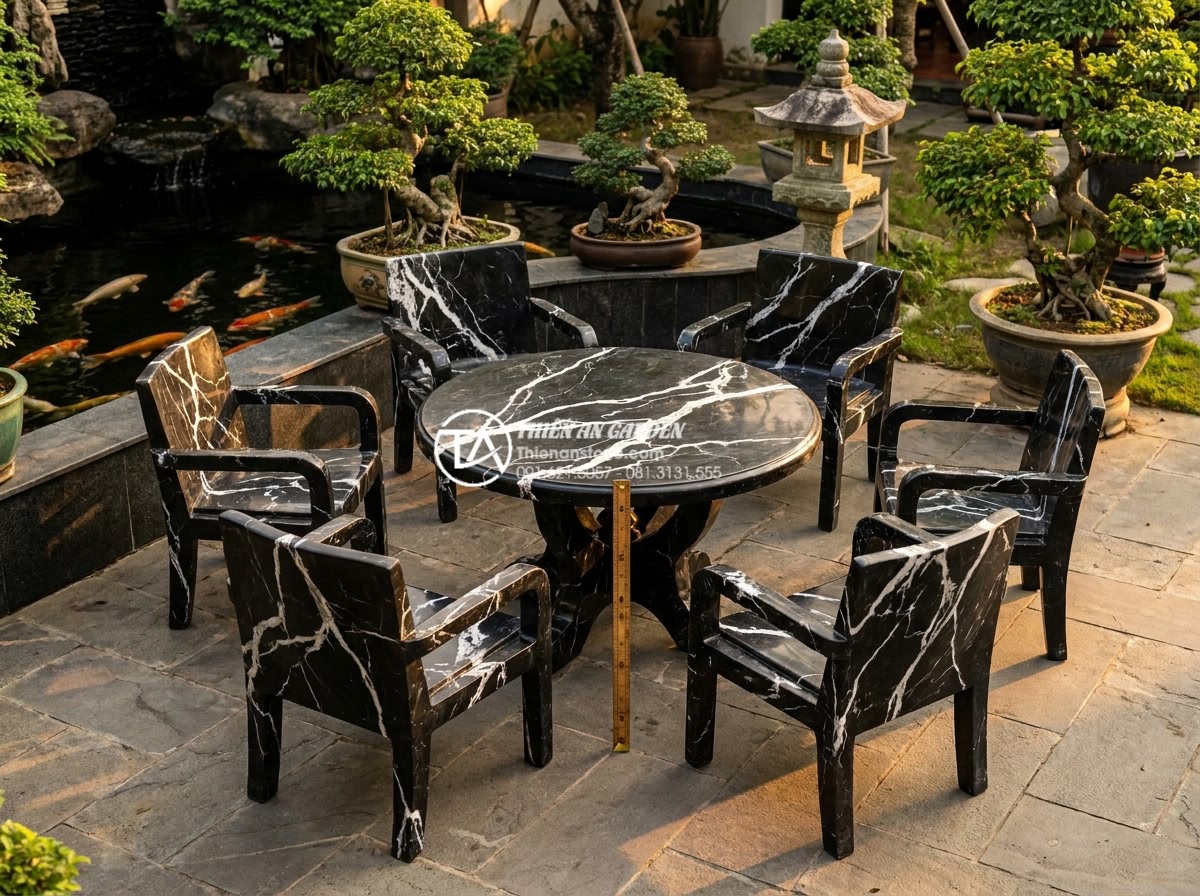 Kích thước tiêu chuẩn của bộ bàn ghế đá tự nhiên theo chuẩn lỗ ban - Hình 4 Kích thước tiêu chuẩn của bộ bàn ghế đá tự nhiên theo chuẩn lỗ ban - High-resolution image of a luxurious Vietnamese villa garden featuring a beautif