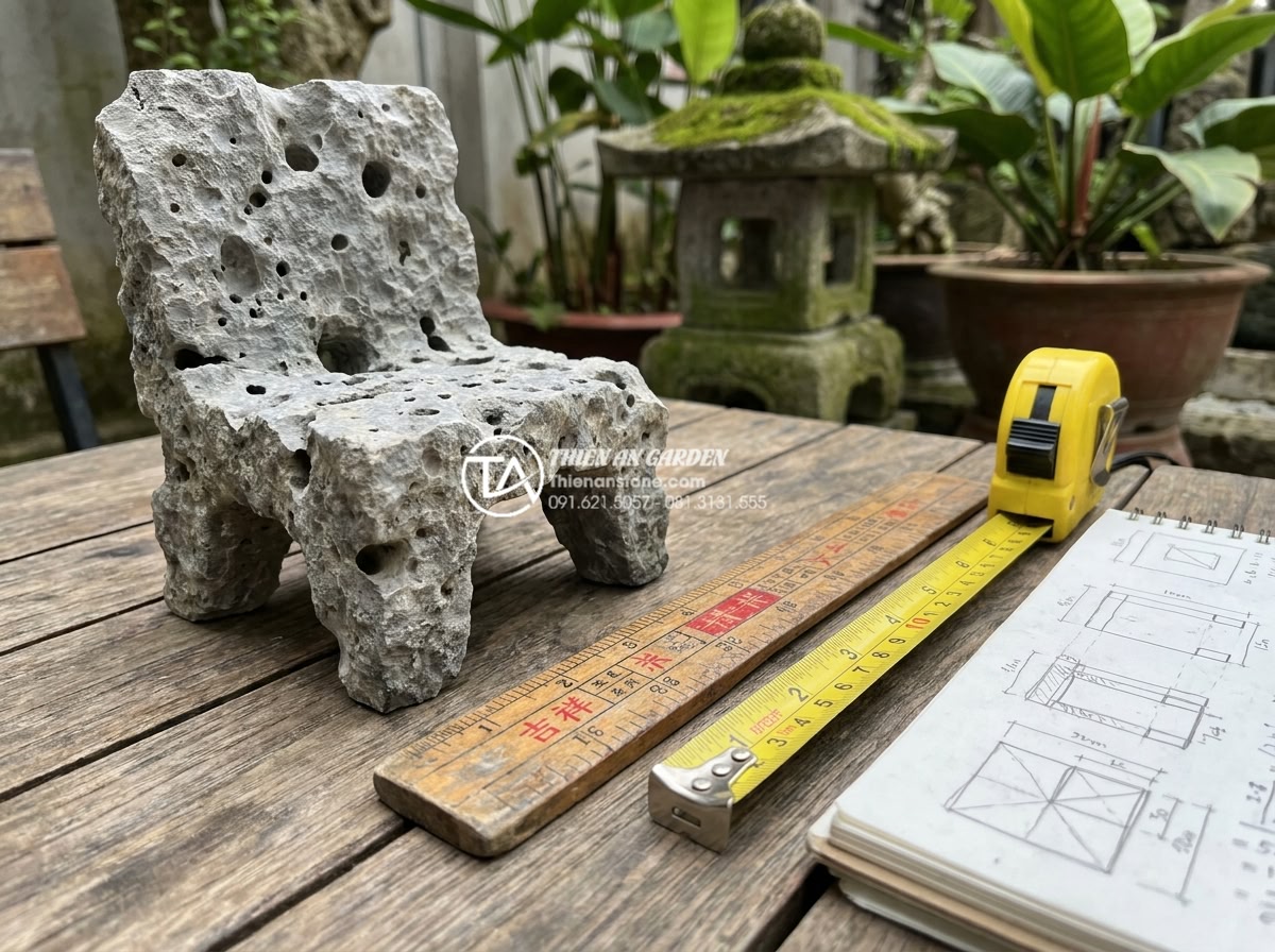 Kích thước tiêu chuẩn của bộ bàn ghế đá tự nhiên theo chuẩn lỗ ban - Hình 7 Kích thước tiêu chuẩn của bộ bàn ghế đá tự nhiên theo chuẩn lỗ ban - High-resolution instructional photograph of a Vietnamese homeowner measuring gar