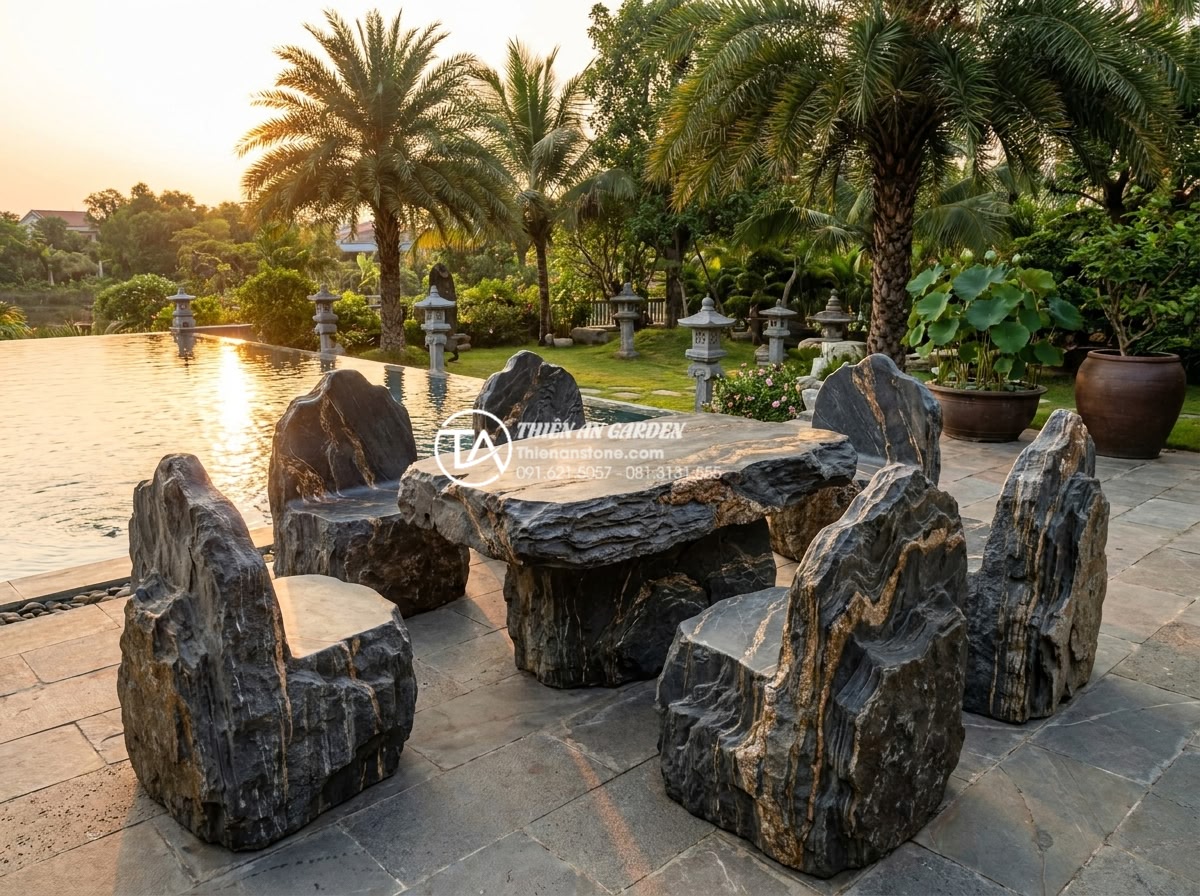 Kinh nghiệm chọn bàn ghế đá sân vườn tự nhiên nguyên khối cho biệt thự - Close-up detail of different natural stone types for garden furniture including