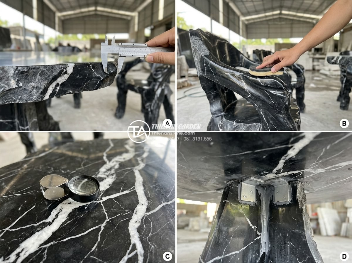 Kinh nghiệm chọn bàn ghế đá sân vườn tự nhiên nguyên khối cho biệt thự - Professional quality inspection of natural stone garden table and chairs showing