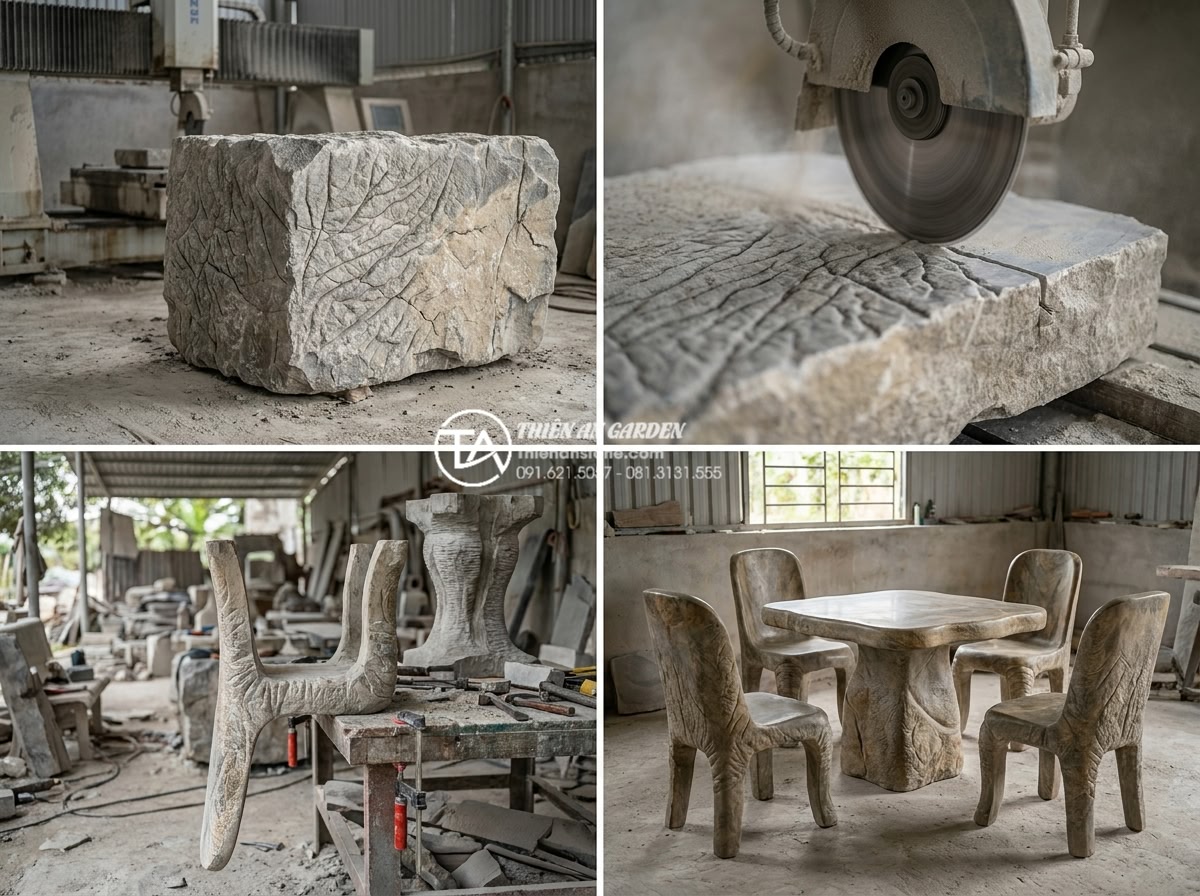 Kinh nghiệm chọn bàn ghế đá sân vườn tự nhiên nguyên khối cho biệt thự - Step-by-step professional production process of solid natural stone garden table