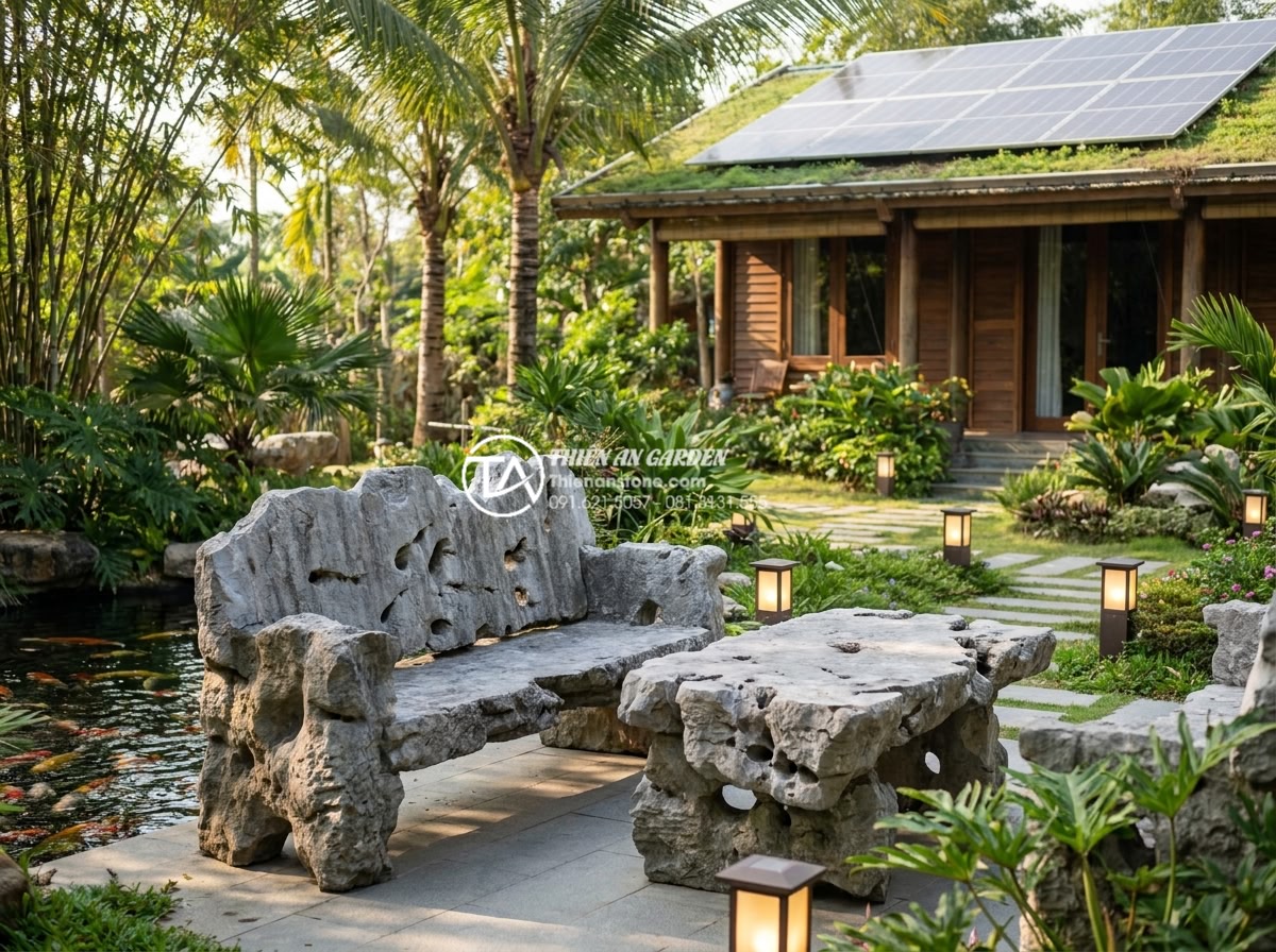 Kinh nghiệm chọn bàn ghế đá sân vườn tự nhiên nguyên khối cho biệt thự - Family enjoying healthy outdoor lifestyle on natural stone garden furniture in e