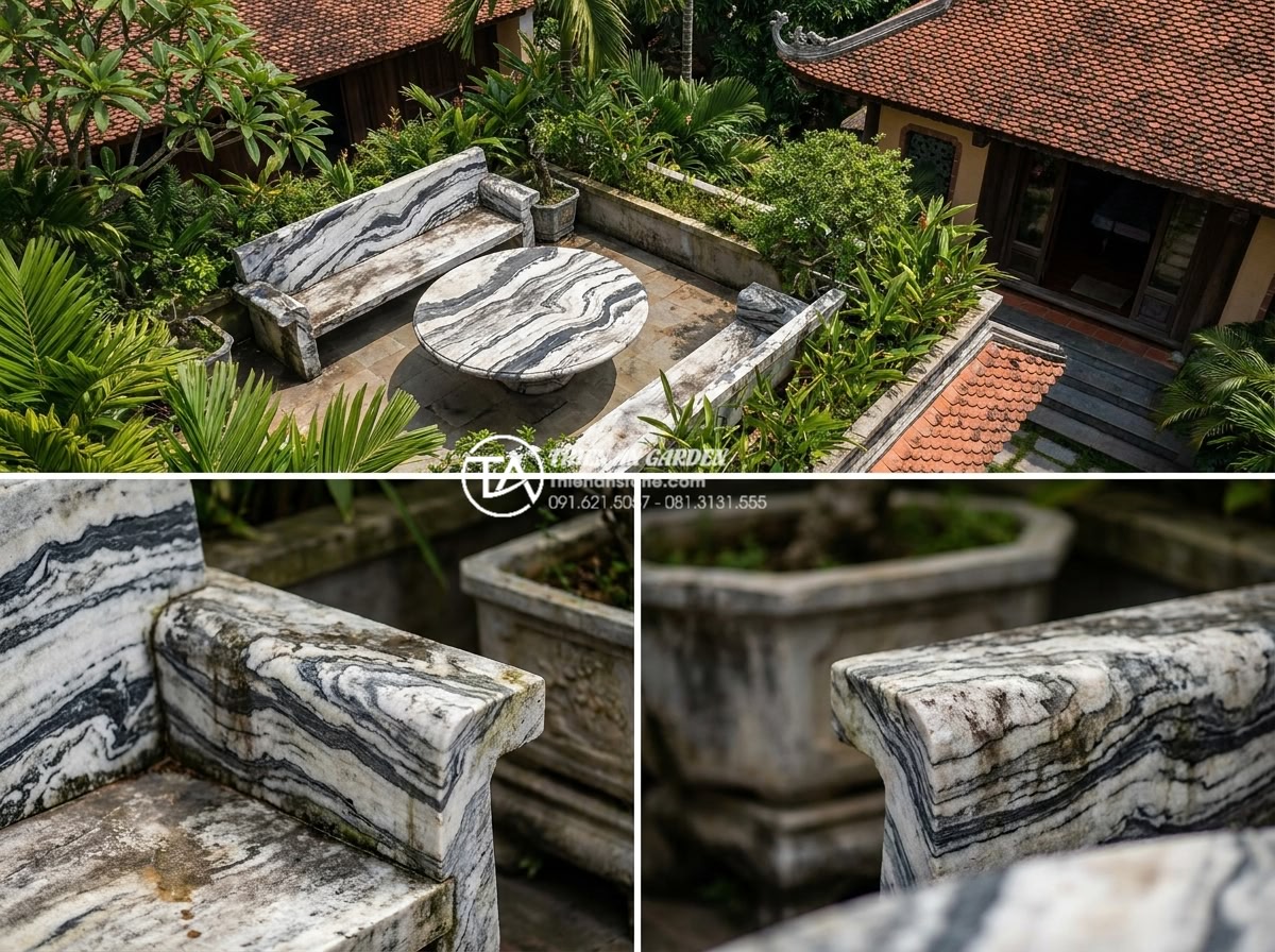 Kinh nghiệm chọn bàn ghế đá sân vườn tự nhiên nguyên khối cho biệt thự - Aerial and close-up views of premium natural stone garden furniture sourced from