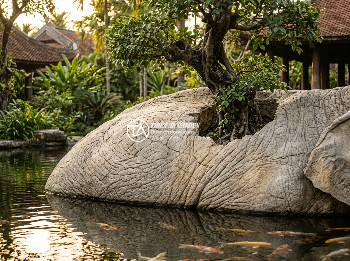 Kỹ thuật đục đá tạo hốc để ký cây bám chắc bền vững theo thời gian - Stunning real-world application photo of large natural stone with mature Ficus t