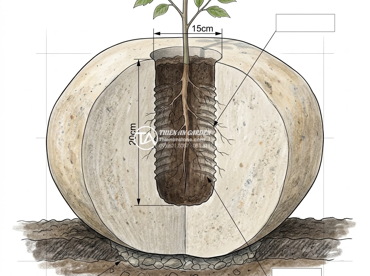 Kỹ thuật đục đá tạo hốc để ký cây bám chắc bền vững theo thời gian - Close-up cross section diagram of natural stone showing ideal hole dimensions fo
