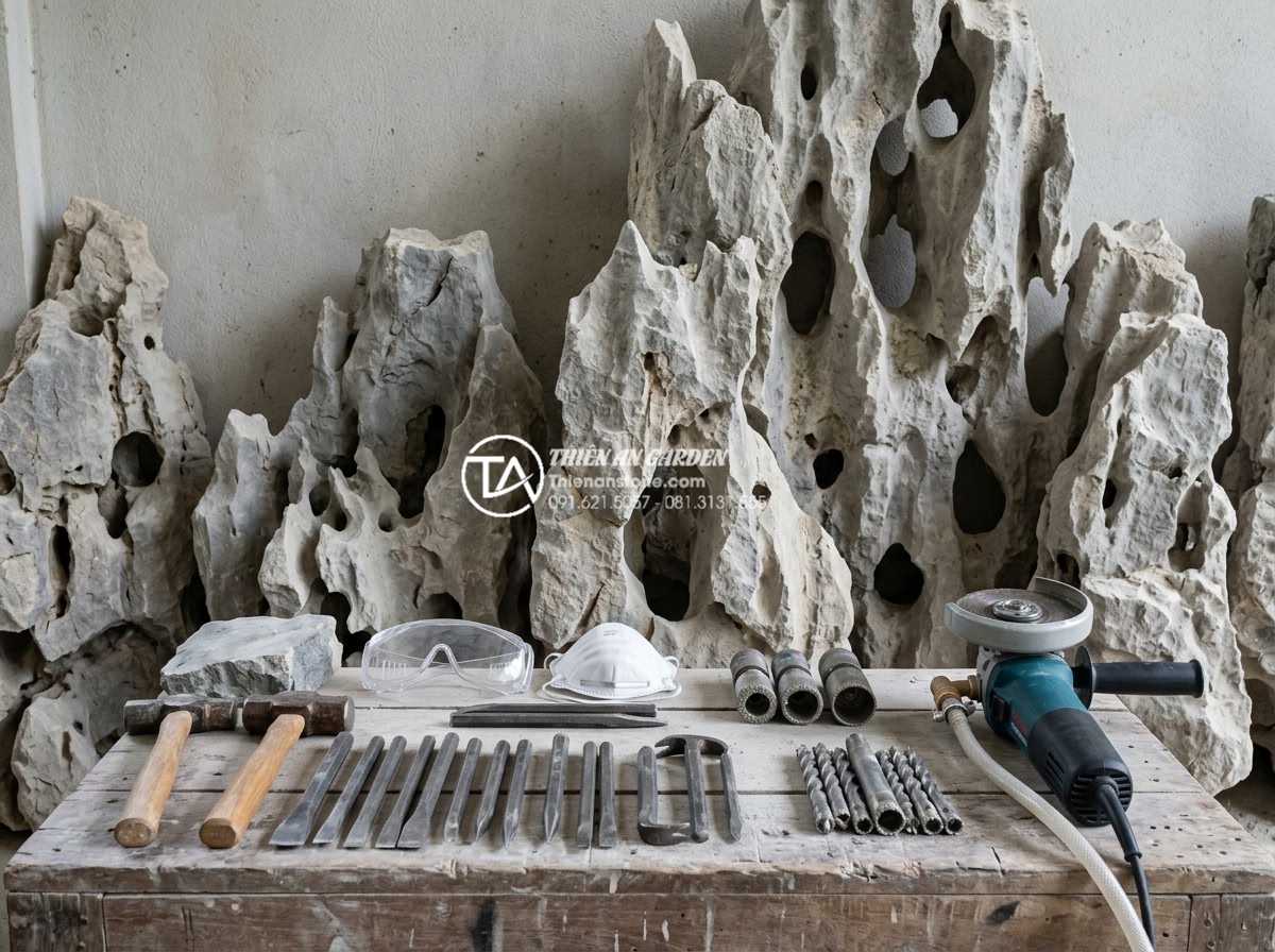Kỹ thuật đục đá tạo hốc để ký cây bám chắc bền vững theo thời gian - Detailed view of professional stone carving toolkit laid out on wooden workbench