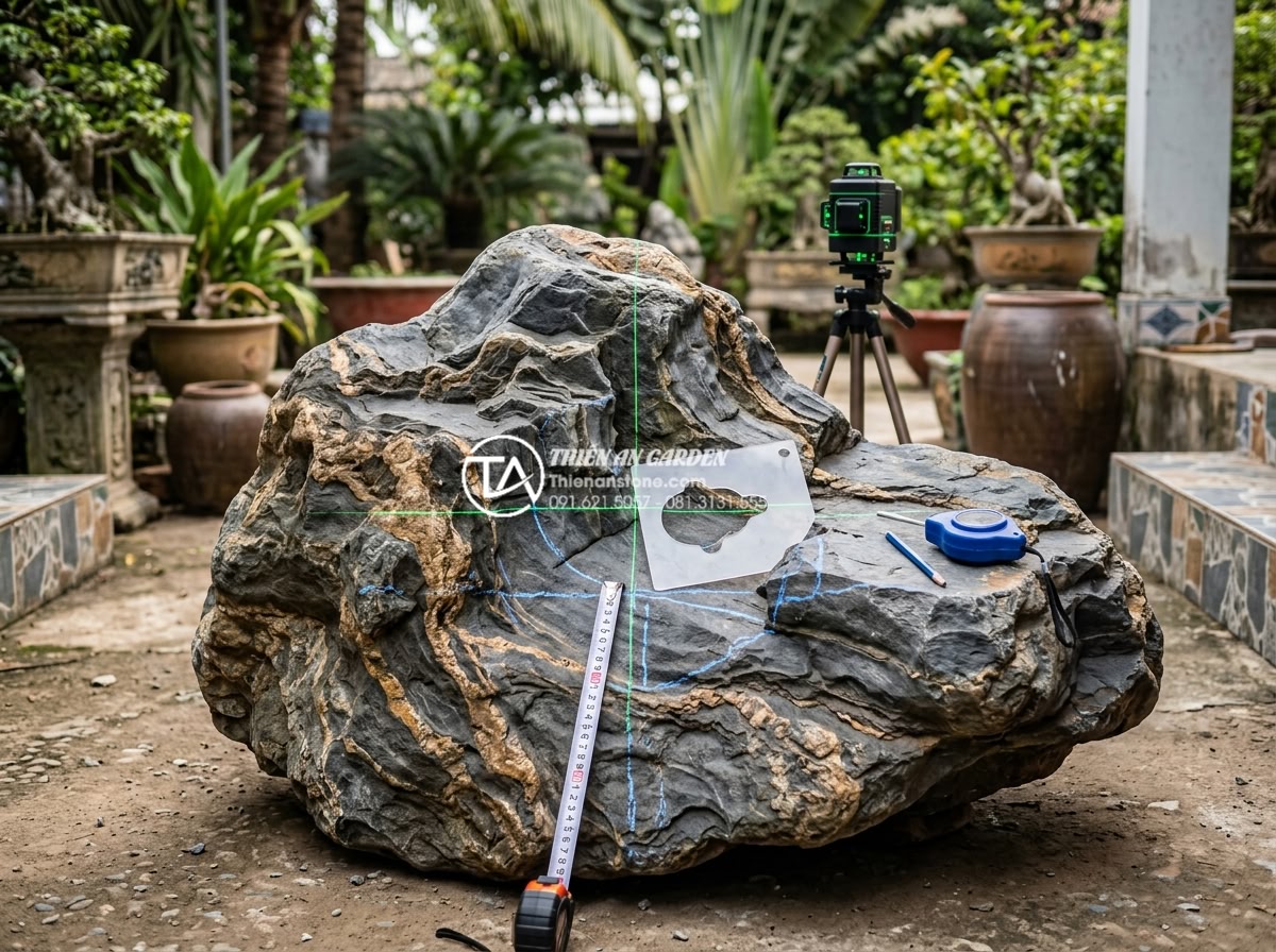 Kỹ thuật đục đá tạo hốc để ký cây bám chắc bền vững theo thời gian - Step-by-step process photo showing stonemason marking optimal hole position on l