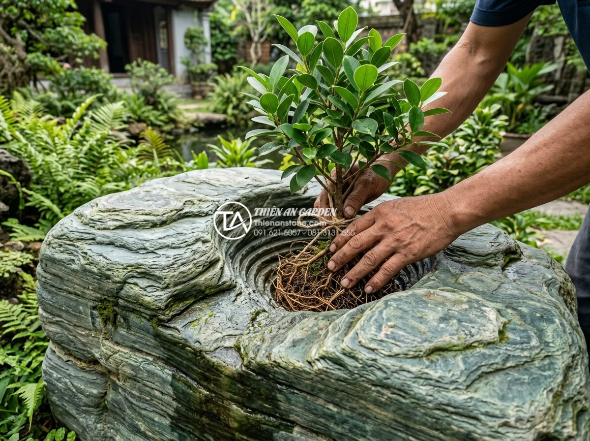 Kỹ thuật đục đá tạo hốc để ký cây bám chắc bền vững theo thời gian - Beautiful young Ficus tree (sung) being planted into a hand-carved stone hole, r