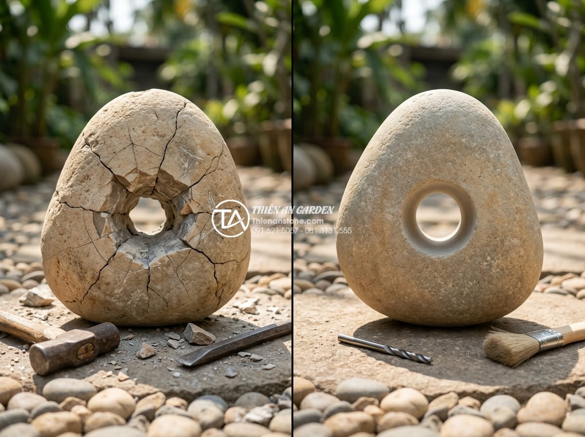 Kỹ thuật đục đá tạo hốc để ký cây bám chắc bền vững theo thời gian - Before and after comparison showing damaged stone with cracks from improper chis