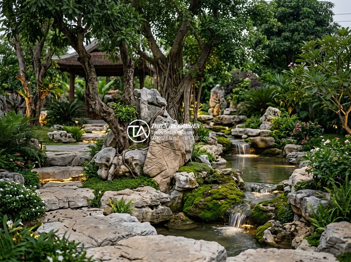 Kỹ thuật ký cây vào đá: 7 bước để rễ bám chắc và tự nhiên nhất - Hình 3 Kỹ thuật ký cây vào đá: 7 bước để rễ bám chắc và tự nhiên nhất - Professional photograph of a luxurious garden landscape featuring multiple trees