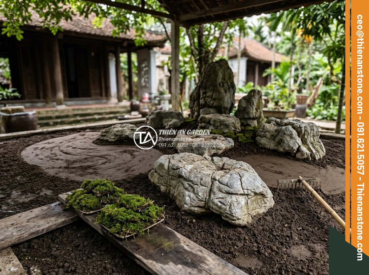 Làm thế nào để duy trì lớp rêu xanh mướt trong tiểu cảnh thiền? - Professional construction scene of preparing a Zen garden base: workers carefull