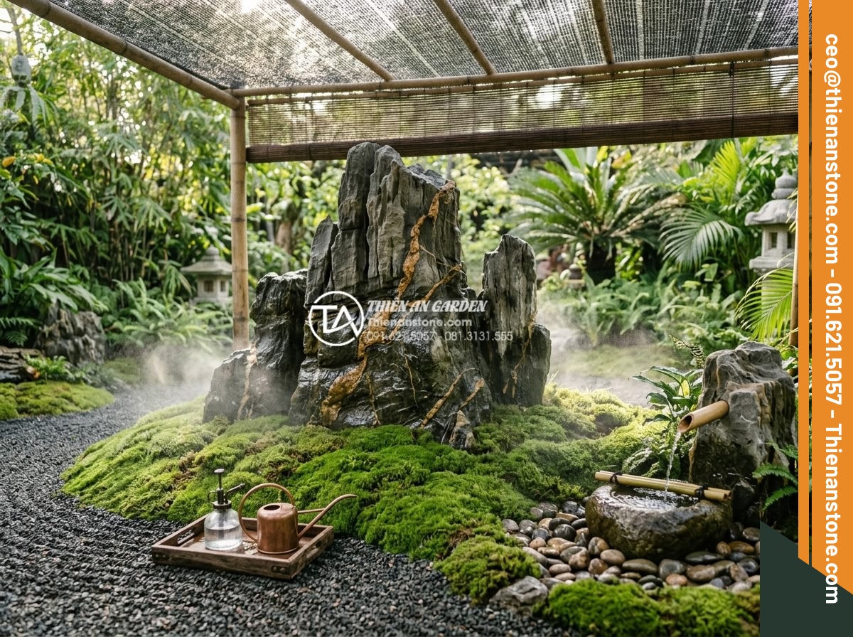 Làm thế nào để duy trì lớp rêu xanh mướt trong tiểu cảnh thiền? - Seasonal care scene in a beautiful Zen garden: person gently misting lush green 