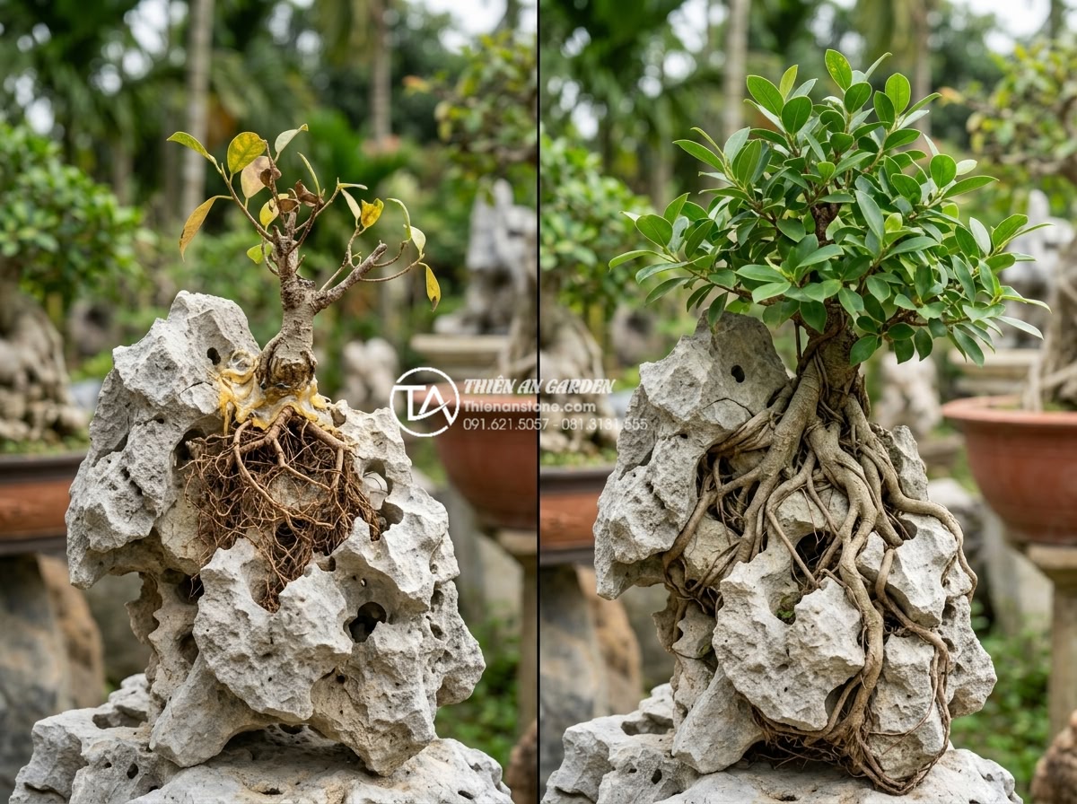 Lỗi thường gặp khi tự làm tiểu cảnh cây ôm đá mini tại nhà - Hình 6 Lỗi thường gặp khi tự làm tiểu cảnh cây ôm đá mini tại nhà - Poorly balanced rock and tree composition versus harmonious design in home minia