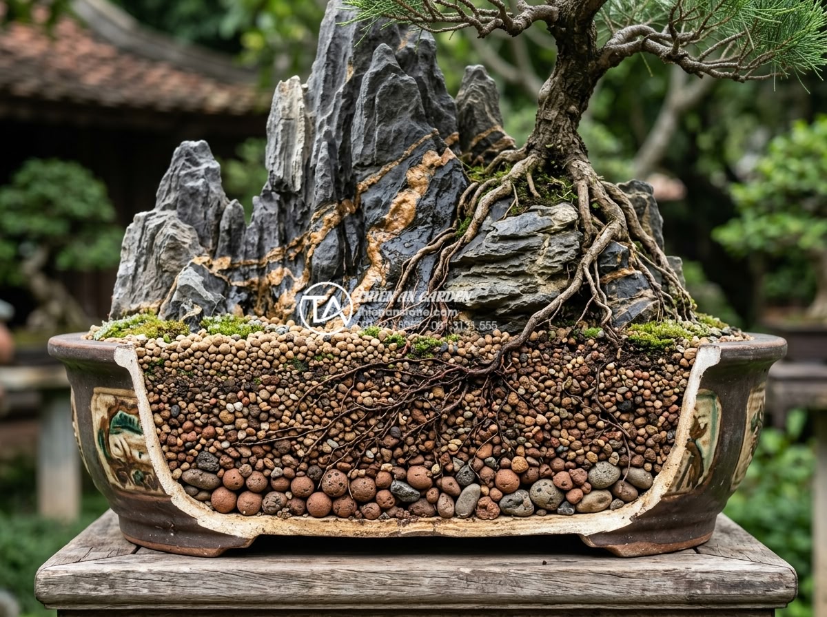 Lỗi thường gặp khi tự làm tiểu cảnh cây ôm đá mini tại nhà - Hình 7 Lỗi thường gặp khi tự làm tiểu cảnh cây ôm đá mini tại nhà - Cross-section diagram of ideal soil mix layers for miniature stone hugging tree