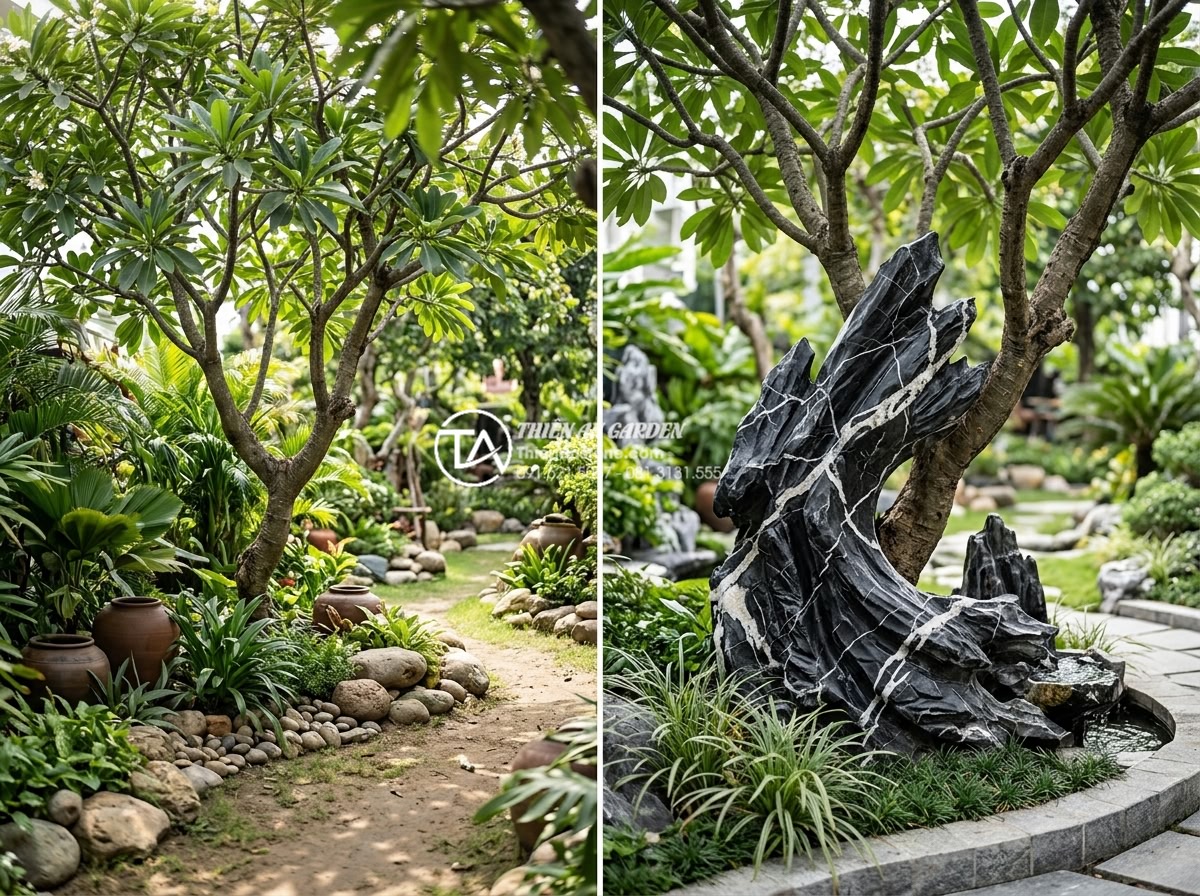 Mẫu tiểu cảnh cây ôm đá hợp mệnh Mộc và mệnh Hỏa mang lại tài lộc - Before and after comparison of luxury gardens transformed with custom tree-embra