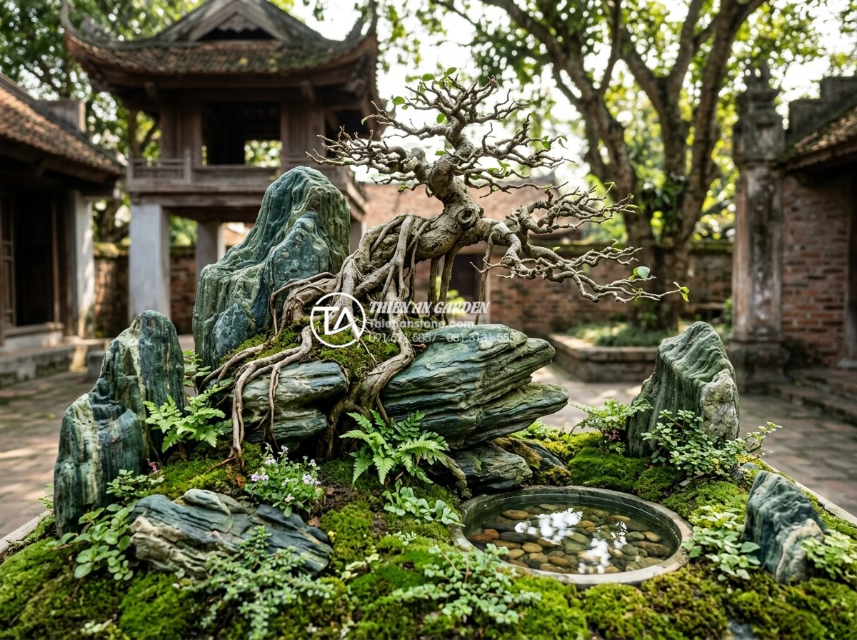 Mẫu tiểu cảnh cây ôm đá hợp mệnh Mộc và mệnh Hỏa mang lại tài lộc - Panoramic view of a complete Wood compatible tree-stone miniature landscape feat