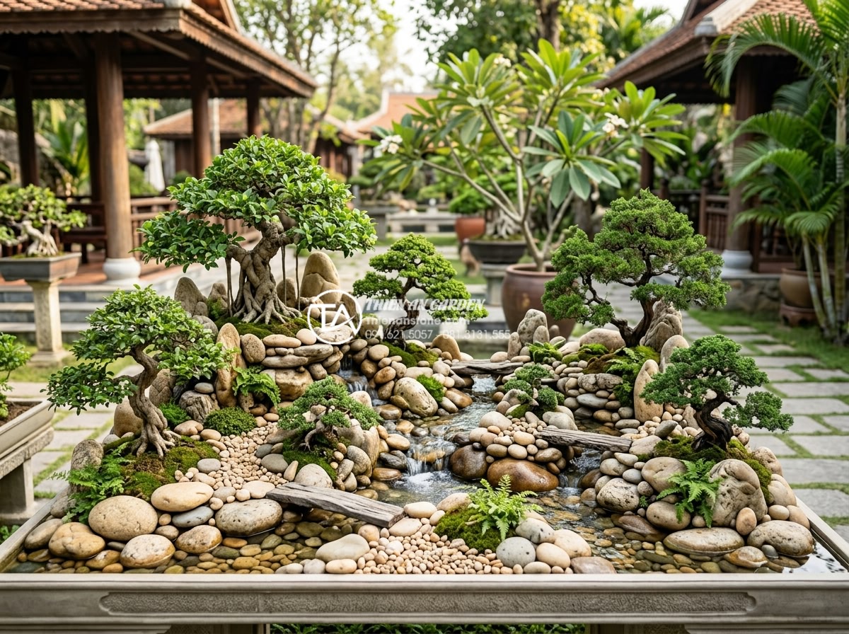 Mẫu tiểu cảnh cây ôm đá hợp mệnh Mộc và mệnh Hỏa mang lại tài lộc - Artistic display of five different tree-stone Feng Shui models arranged in a pro