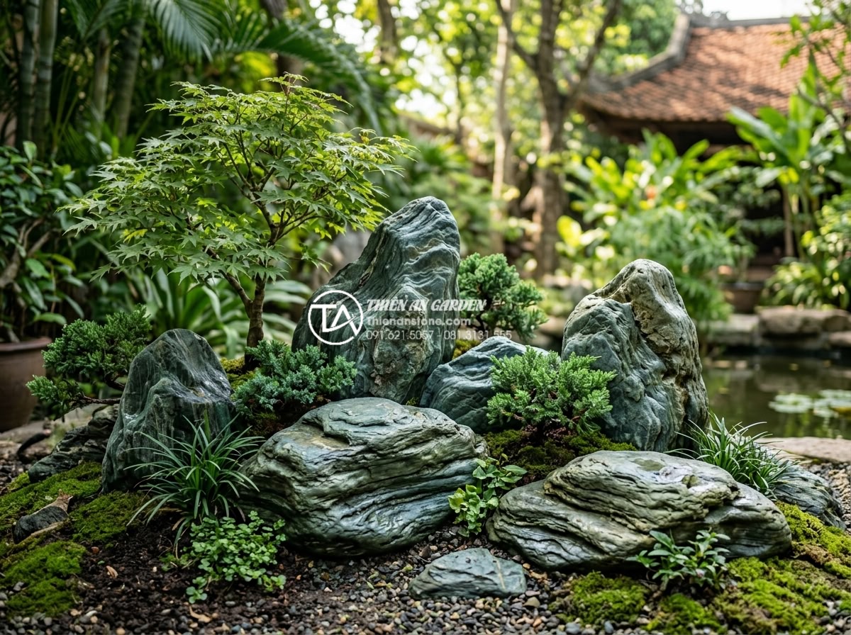 Mẫu tiểu cảnh cây ôm đá hợp mệnh Mộc và mệnh Hỏa mang lại tài lộc - High resolution selection of various natural stones including granite, basalt an