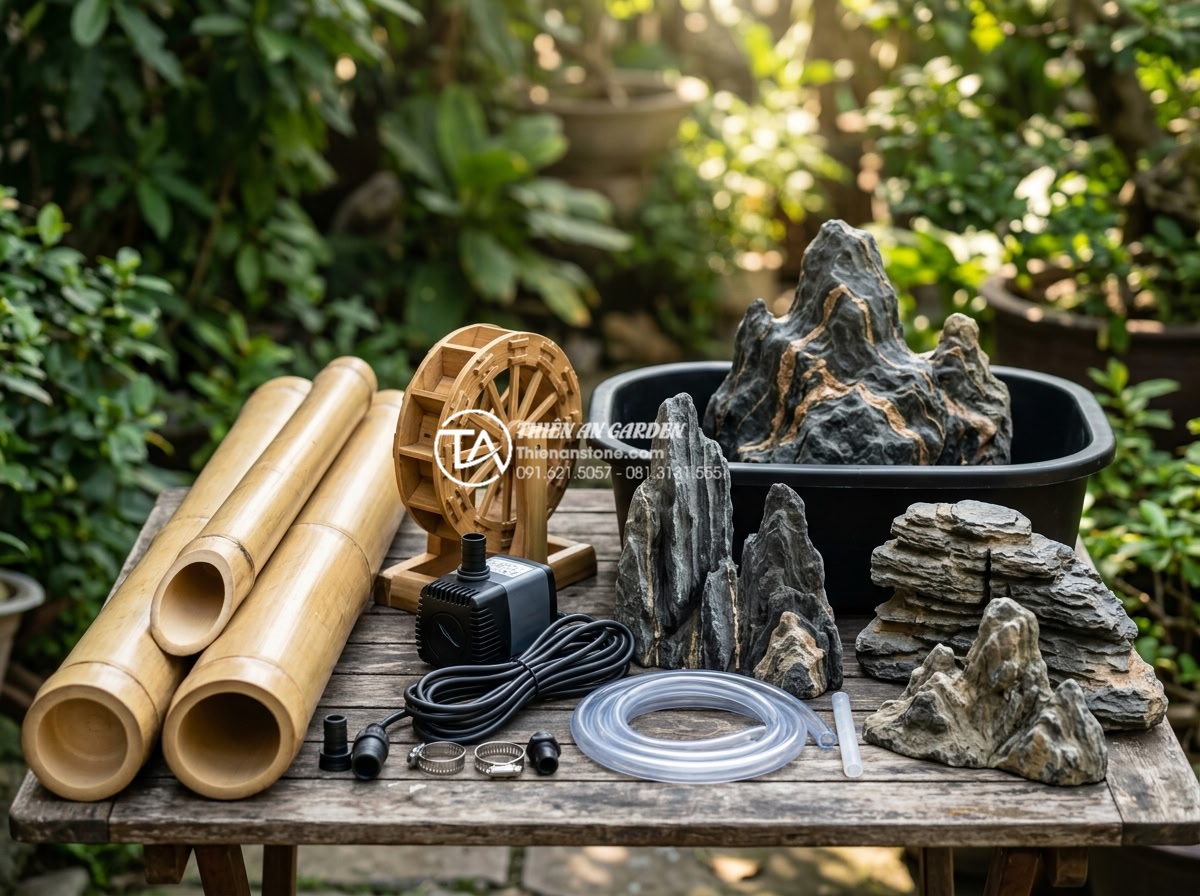 Mua bộ kit làm tiểu cảnh ống tre ở đâu uy tín, chất lượng giá rẻ? - Close-up high-resolution photo of premium bamboo pipe water feature kit componen