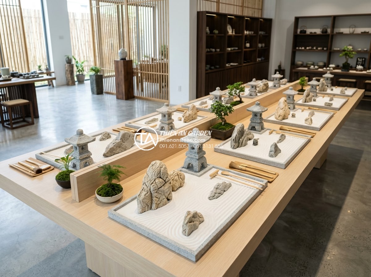 Mua phụ kiện tiểu cảnh thiền ở đâu? Top 10 địa chỉ uy tín - Wide angle shot of a beautifully arranged professional Zen garden display table 