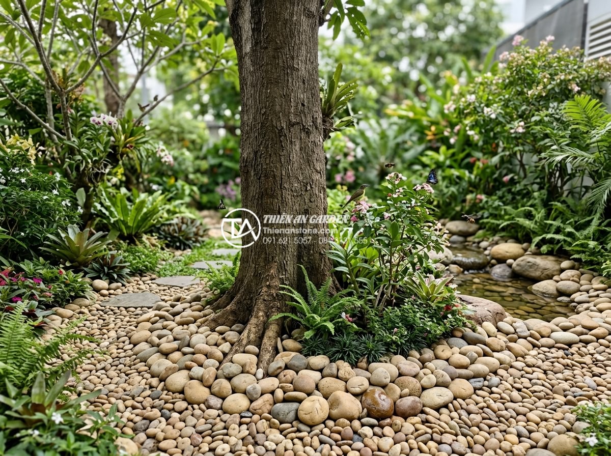 Nên chọn loại đá nào làm tiểu cảnh cây ôm đá? Thấm thủy hay Cổ thạch? - Sustainable garden design image featuring eco-friendly Tham Thuy and Cổ Thạch st