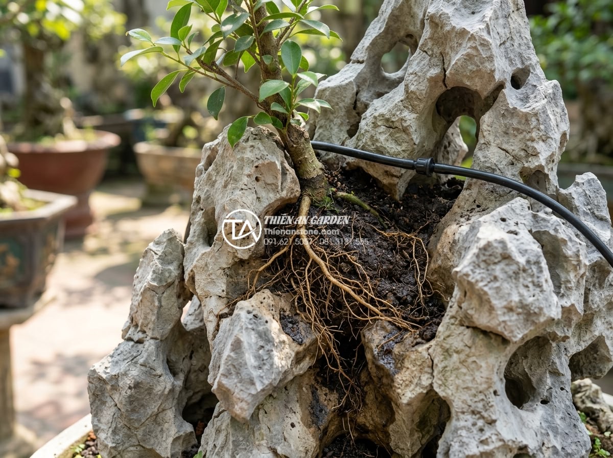 Nên chọn loại đá nào làm tiểu cảnh cây ôm đá? Thấm thủy hay Cổ thạch? - Close up professional image of planting technique for Tham Thuy stone tree huggi
