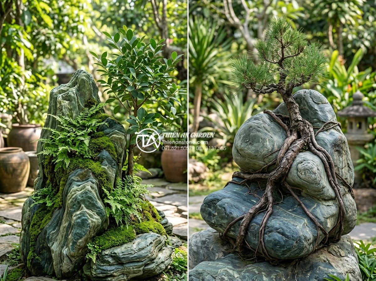Nên chọn loại đá nào làm tiểu cảnh cây ôm đá? Thấm thủy hay Cổ thạch? - Detailed comparison photography of two tree hugging stone setups in same Vietnam
