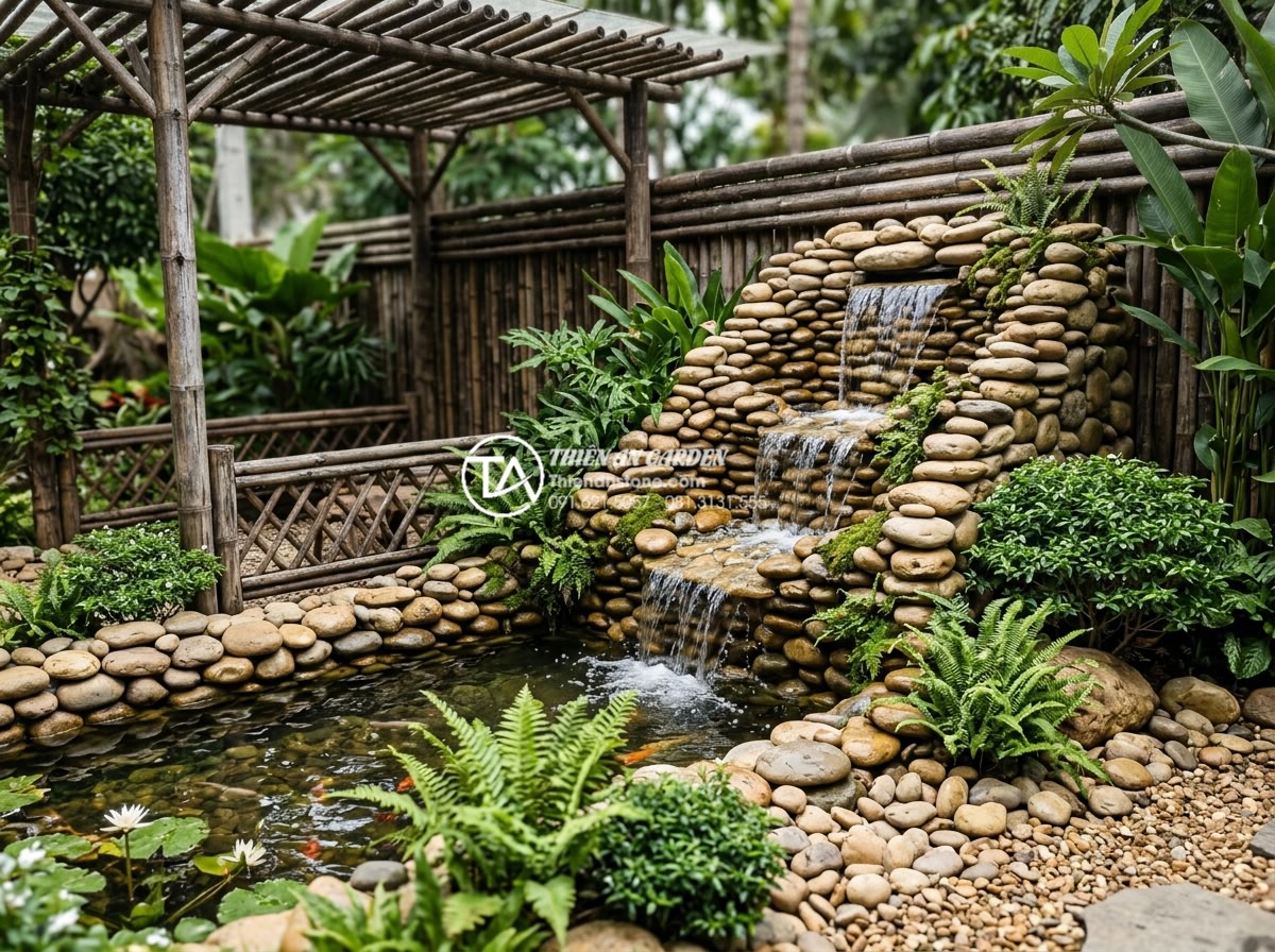 Nên chọn tre loại nào để làm tiểu cảnh bền bỉ, không bị nứt vỡ mọt? - Professional team from Da Canh Thien An installing durable aged bamboo and natur