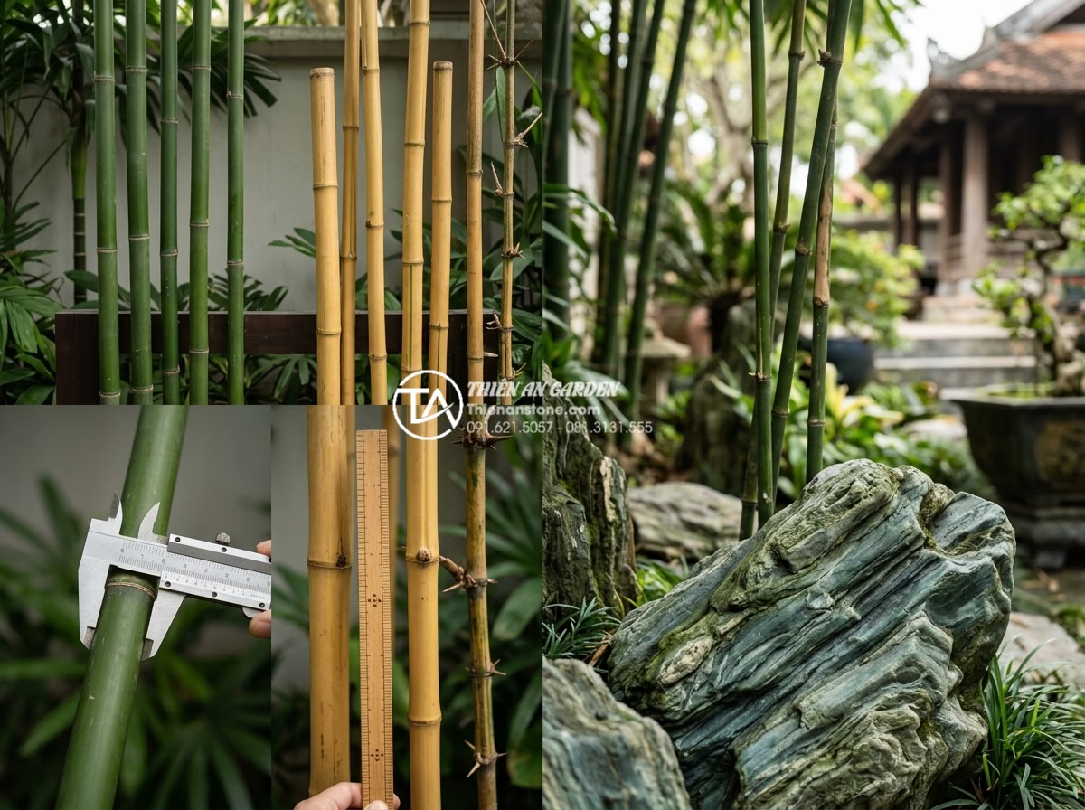 Nên chọn tre loại nào để làm tiểu cảnh bền bỉ, không bị nứt vỡ mọt? - Aged mature bamboo poles carved as water spouts in a large garden waterfall feat
