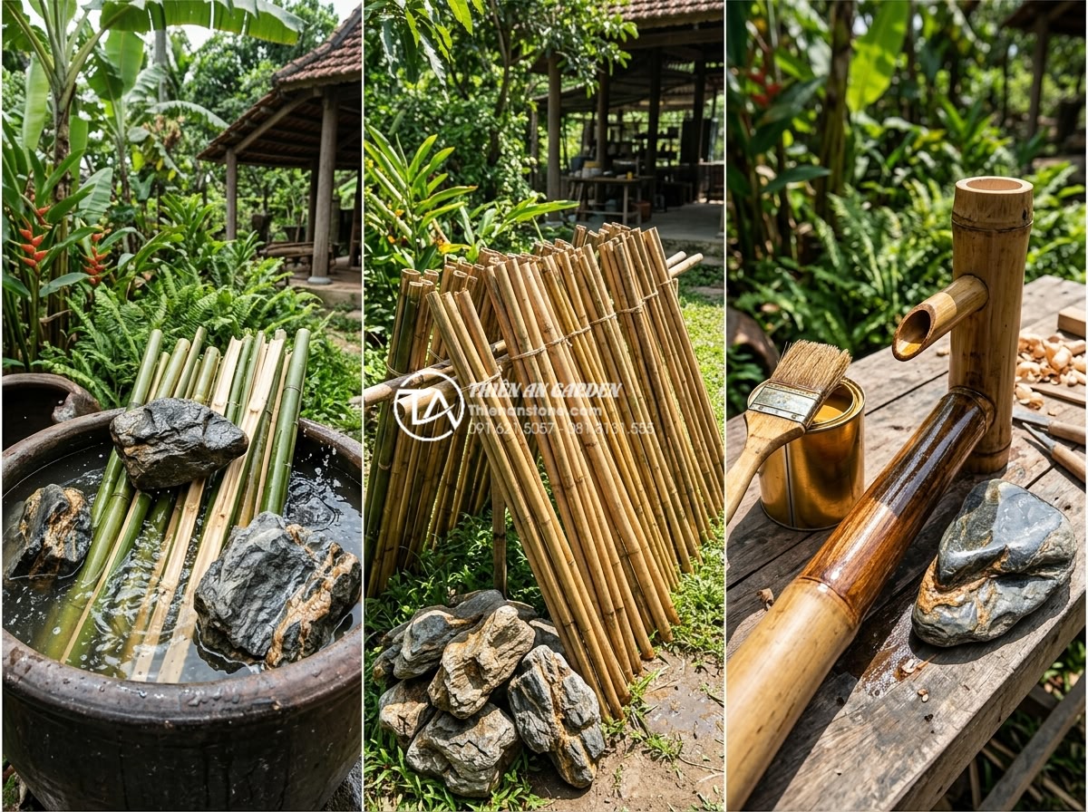 Nên chọn tre loại nào để làm tiểu cảnh bền bỉ, không bị nứt vỡ mọt? - Professional bamboo treatment process showing soaking, drying and varnishing sta