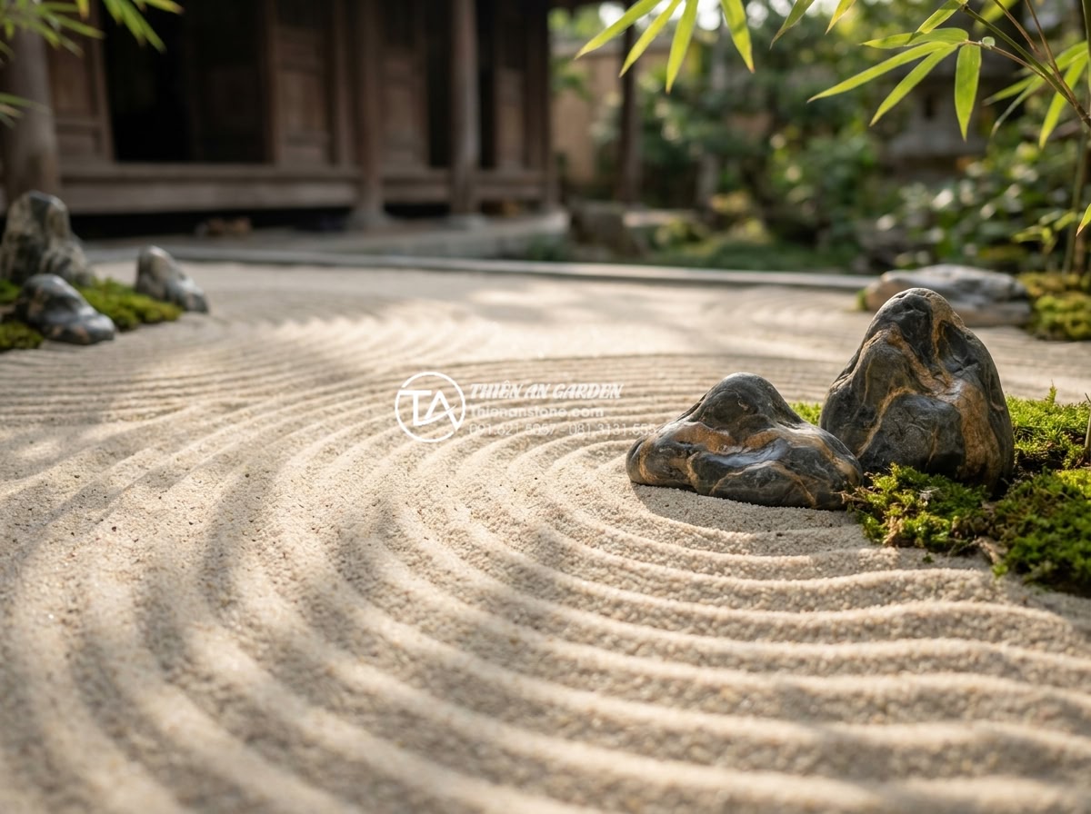 Nghệ thuật cào cát tiểu cảnh thiền: Ý nghĩa các đường vân sóng - High-resolution close-up of a miniature Zen garden sand surface featuring intric