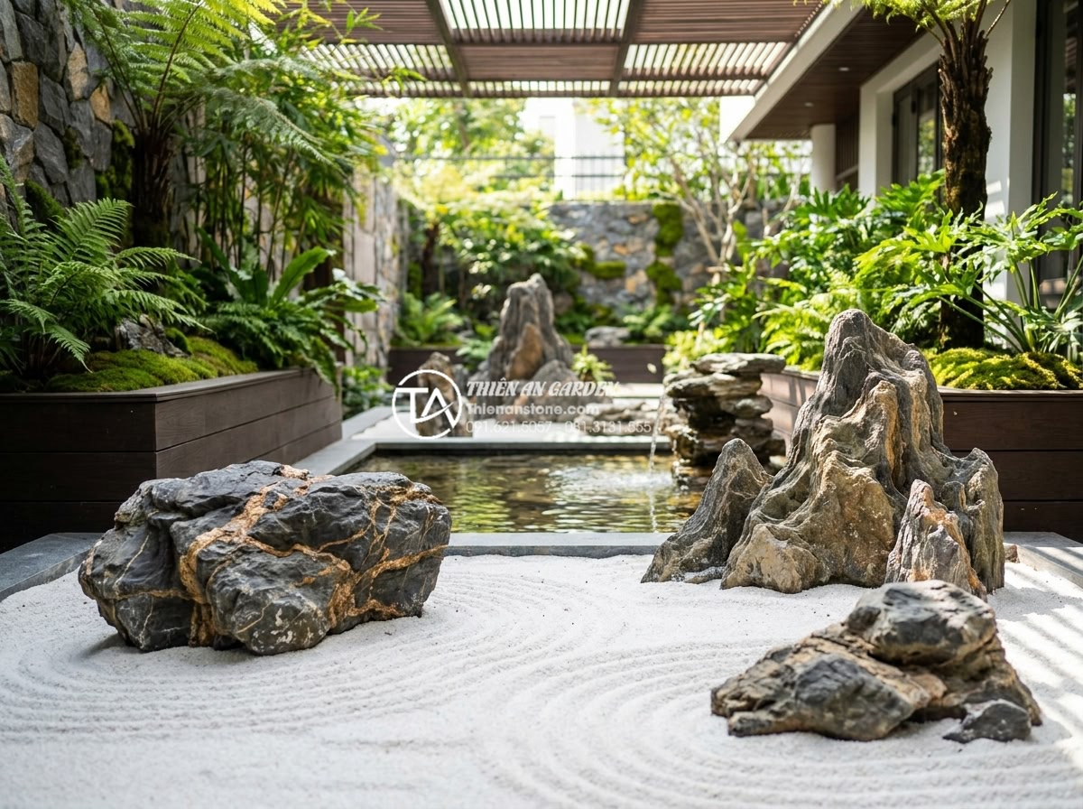 Nghệ thuật cào cát tiểu cảnh thiền: Ý nghĩa các đường vân sóng - Hình 15 Nghệ thuật cào cát tiểu cảnh thiền: Ý nghĩa các đường vân sóng - Beautifully designed modern Vietnamese courtyard Zen garden featuring raked sand