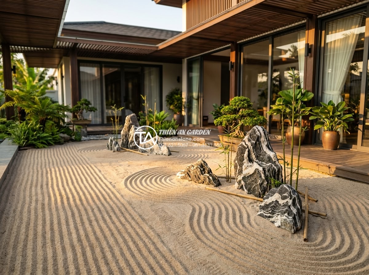 Nghệ thuật cào cát tiểu cảnh thiền: Ý nghĩa các đường vân sóng - Hình 2 Nghệ thuật cào cát tiểu cảnh thiền: Ý nghĩa các đường vân sóng - Wide angle view of an elegant miniature Zen garden installation in a modern Viet